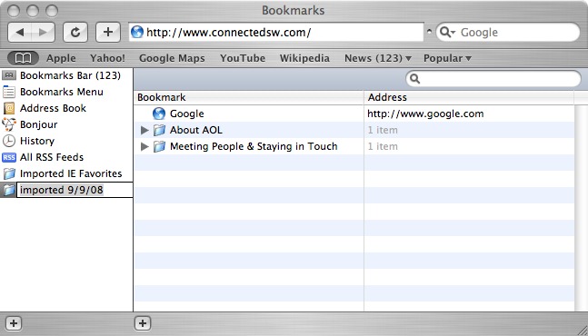 Imported bookmarks in Safari