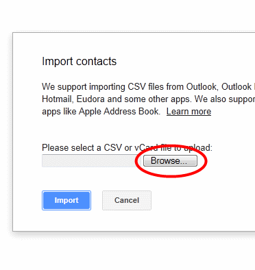 Gmail import Browse button